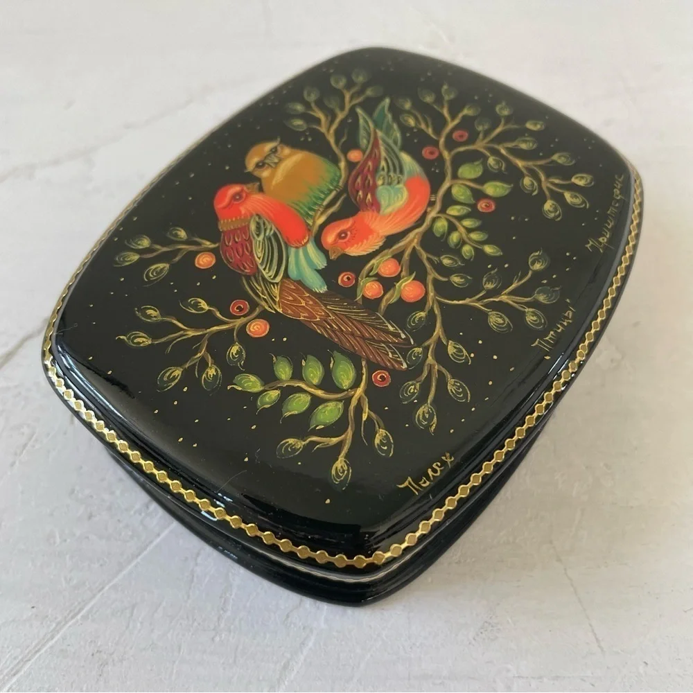 Russian lacquer box Birds, Palekh Black and Red Bird Trinket Box Jewelry Case